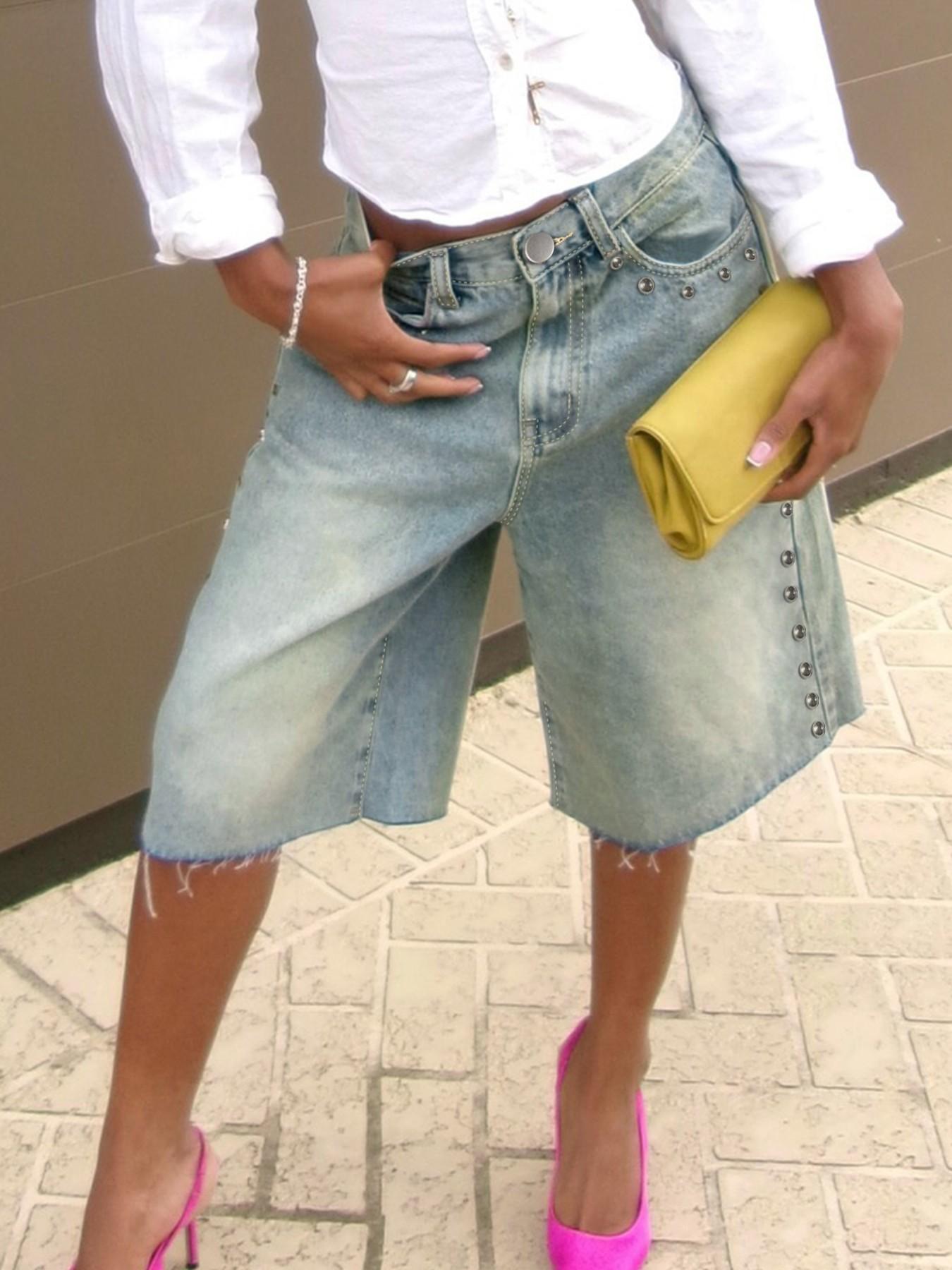 Vintage Washed Studded Wide-Leg Denim Jorts, Raw Hem High-Waisted Bermuda Shorts, Perfect for Brunch Dates & City Chic Vintage Washed Studded Wide-Leg Denim Jorts, Raw Hem High-Waisted Bermuda Shorts, Perfect for Brunch Dates & City Chic