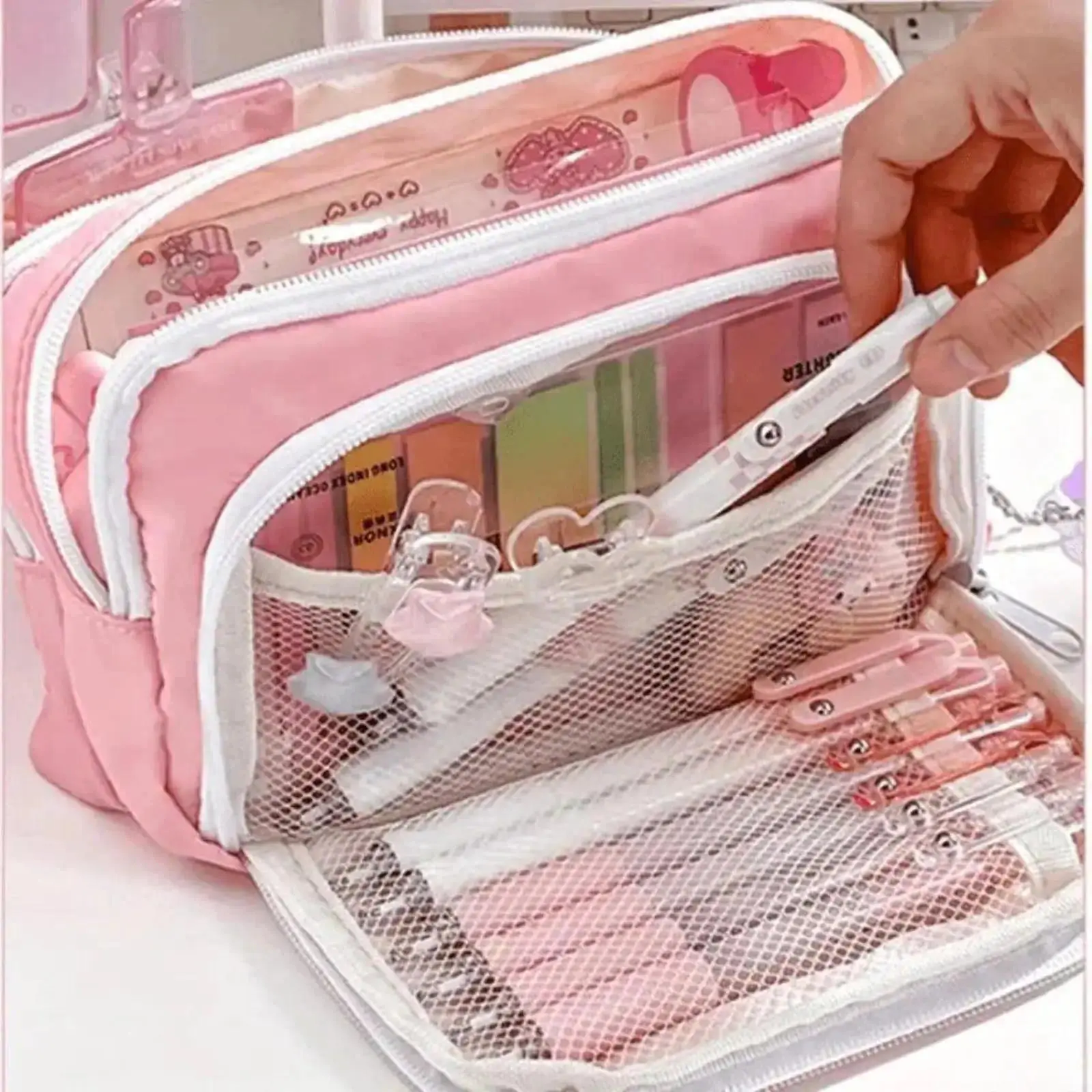 Back-to-School Season  Large Capacity Clear Pencil Case for Girls, Transparent Stationery Organizer Bag with Multiple Compartments, Cute Pink School Supply Pouch for Pens, Markers, Makeup Accessories, Office and Back to School Essentials