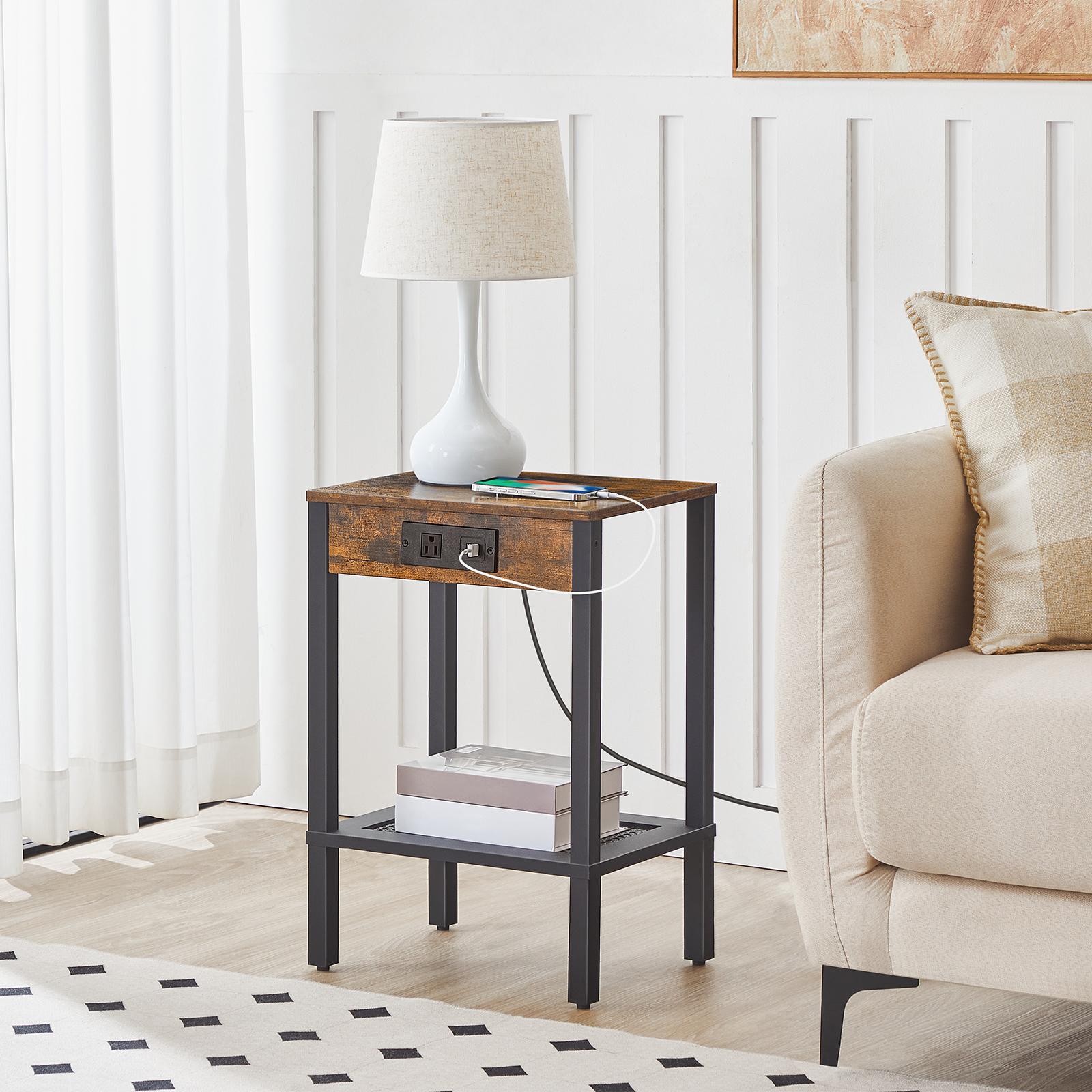 HOOBRO Side Table with Charging Station, End Table with USB Ports and Outlet, Nightstand with Storage Shelf, Faux Rattan Style, for Living Room