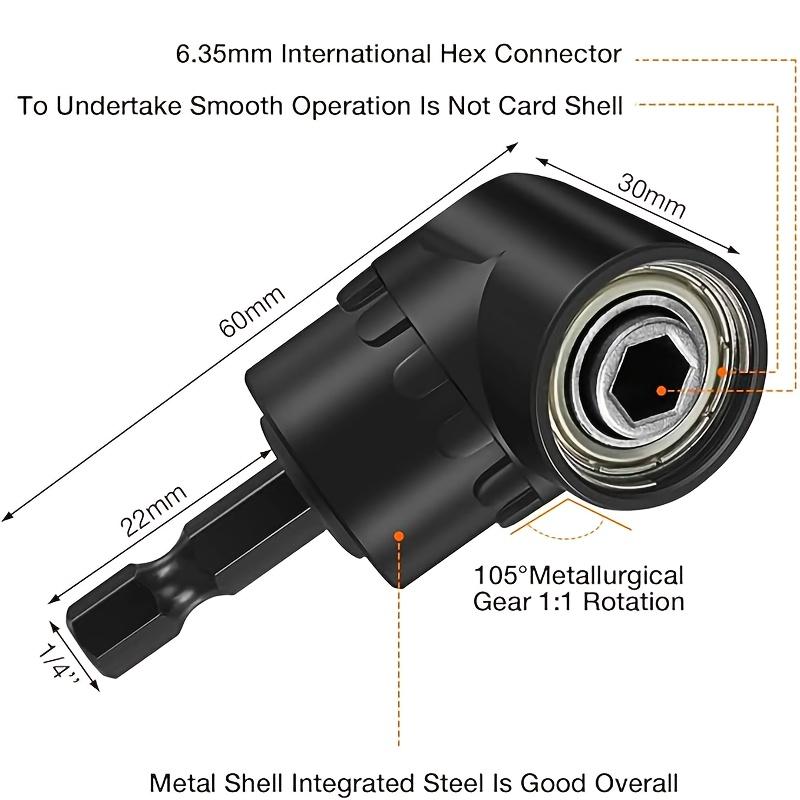 Six right-angle drill bit accessory sets, including three 360 rotatable 1/4, 3/8 and 1/2 inch impact-grade sleeve adapters, two 105 hexagonal shank angle drill bit adapters and 90 bevel drill bits Drill Attachment
