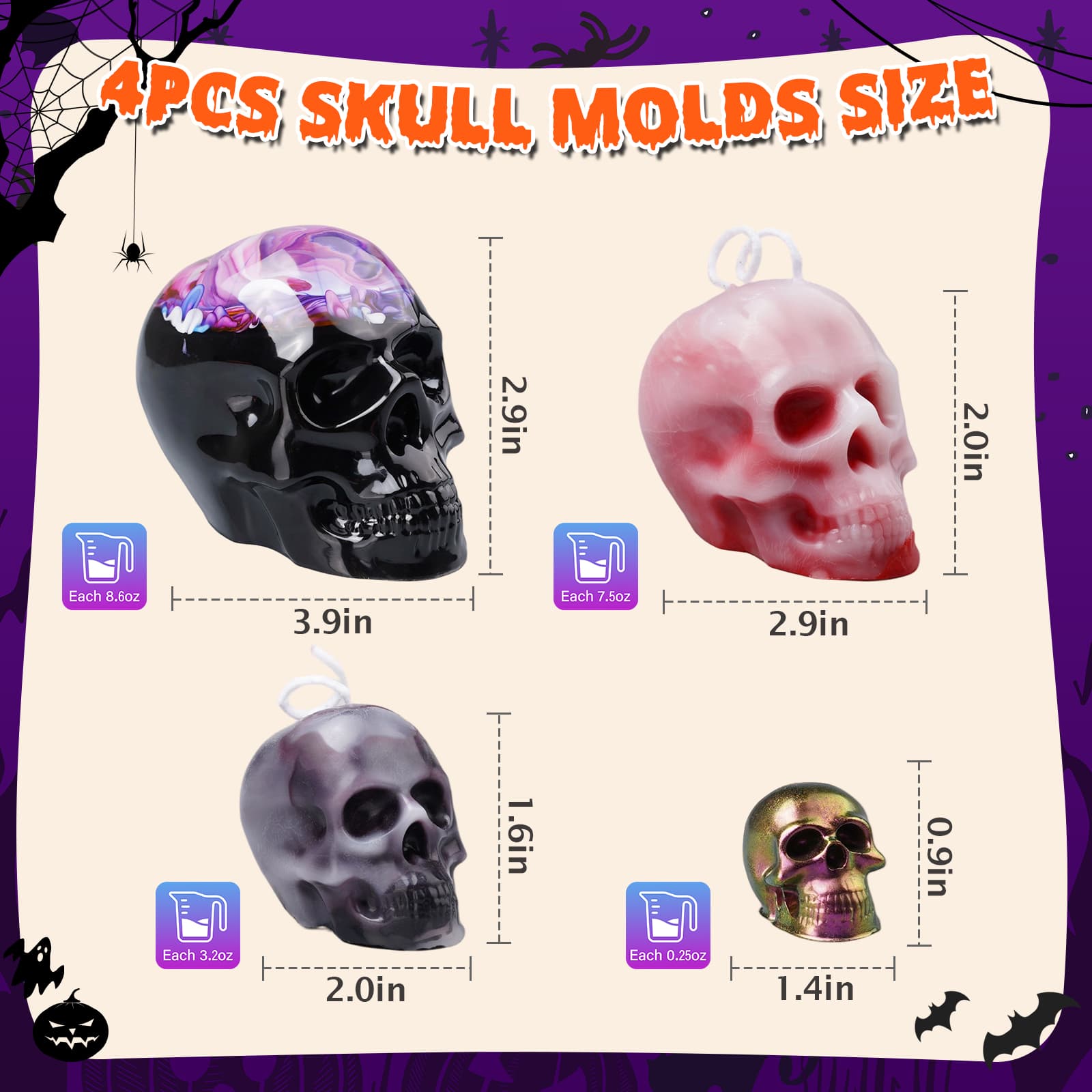 3D Skull Resin Molds, 4 Sizes Set of Skull Silicone Molds for Epoxy Resin, Candle Wax, Soap, Clay, Key Chain Casting, Ideal Halloween Home Decoration and Gifts - LET'S RESIN