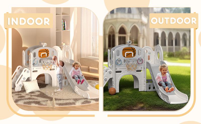 KORIMEFA 8-in-1 Slide Set Kids' Activity Playset with Slide, Climber, Basketball Hoop, and More - Versatile Fun for Ages 1+ Learning Coordinator Rubber Mulch Playground Sport