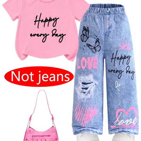 Two-Piece Girls' Casual Set, Hearts Print, Soft Knit Short Sleeve T-Shirt & Denim Jeans, Suitable for Ages 4-9, Daily Wear, T Shirts Set