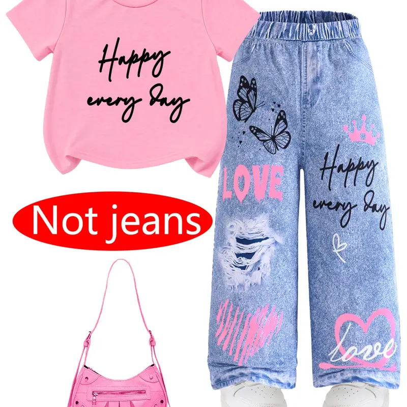 Two-Piece Girls' Casual Set, Hearts Print, Soft Knit Short Sleeve T-Shirt & Denim Jeans, Suitable for Ages 4-9, Daily Wear, T Shirts Set