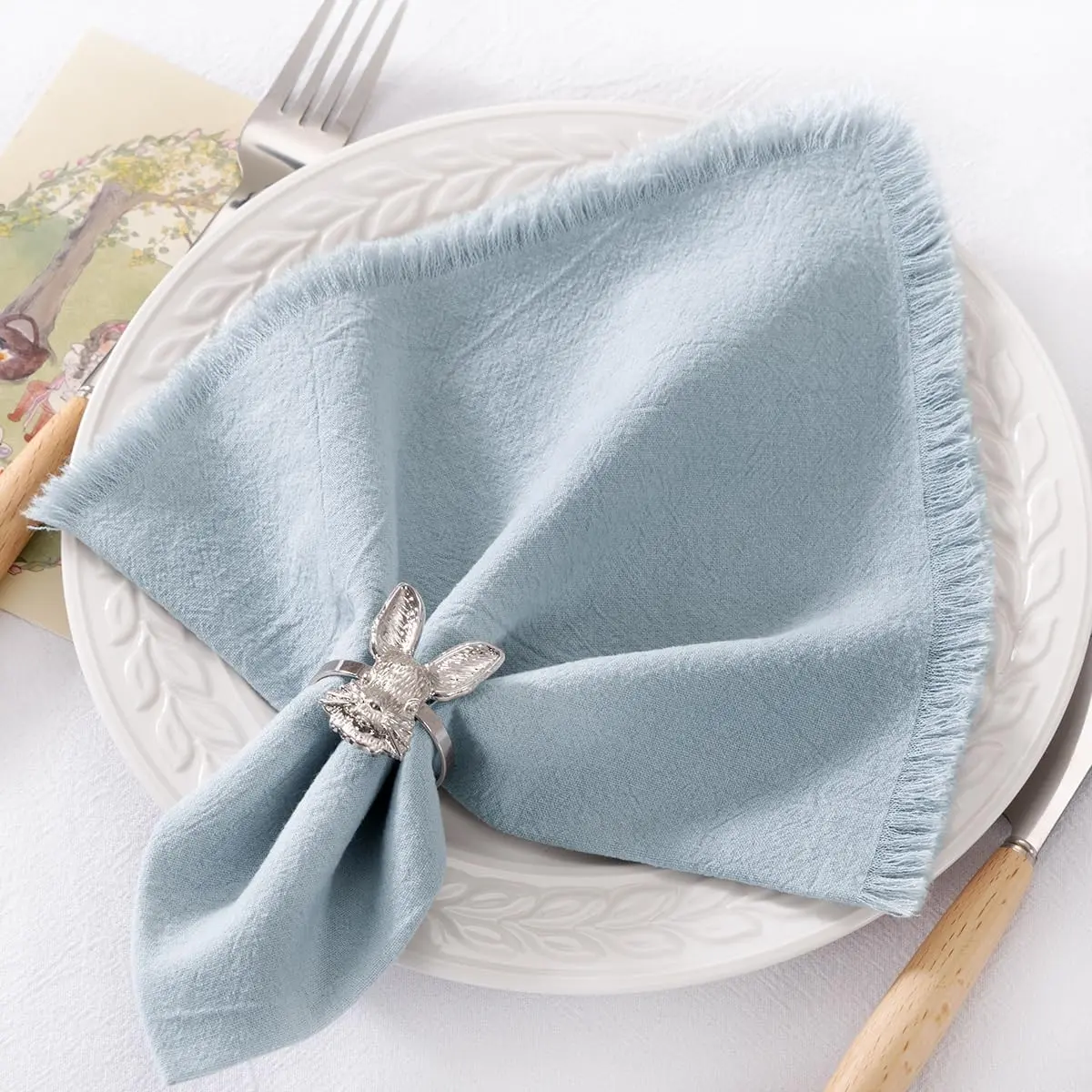 12 Pack Grey-Blue Cotton Linen Napkins with Fringe, 17 x 17 Inches Boho Handmade Summer Cloth Dinner Napkins Bulk for Wedding Bridal Baby Shower Parties