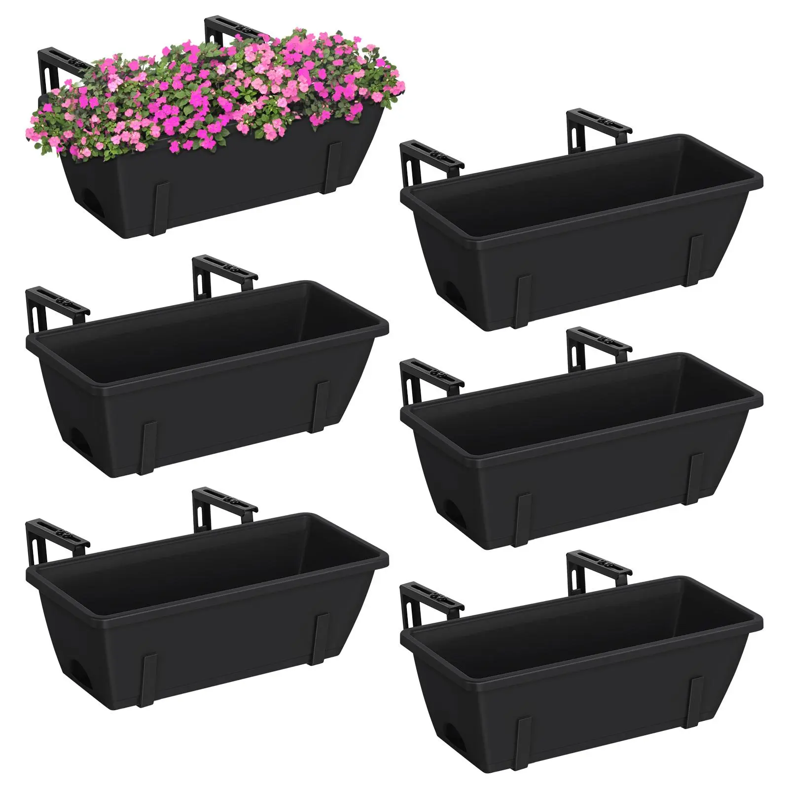 6-Pack Reusable Plastic Rectangular Window Box Planters with Adjustable Railing Brackets, Self-Watering Trays & Integrated Drainage Holes – Hanging Indoor-Outdoor Home Organizer for Flowers, Vegetables, Succulents