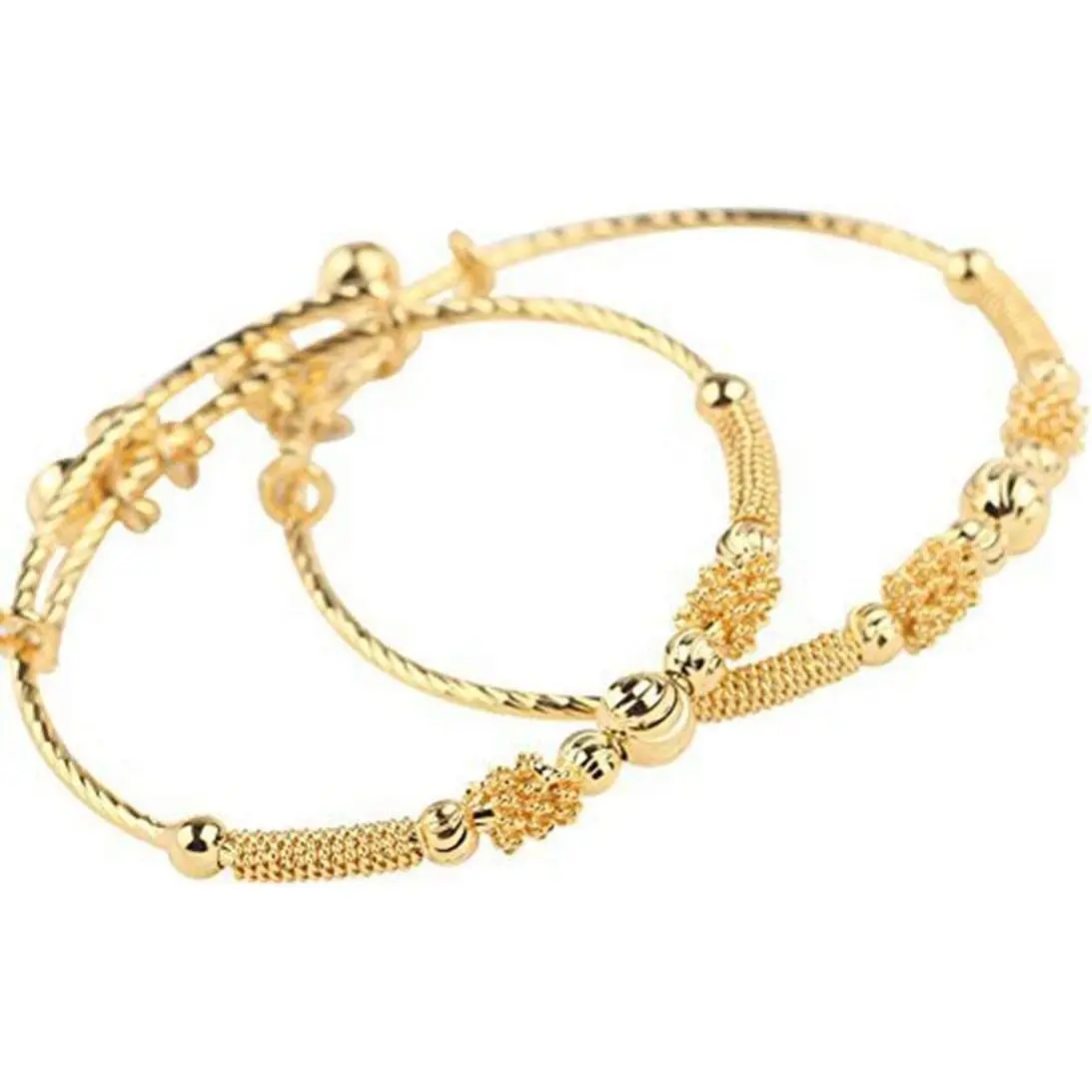24K Gold Plated Baby Girl Bracelets with Bells, 2-Pack Adjustable Toddler Bangle Jewelry Set, Safe Jingle Bell Charm for Infant Girls & Boys Ages 2-8, CPC Certified, Indian Baby Bangles(Gift)