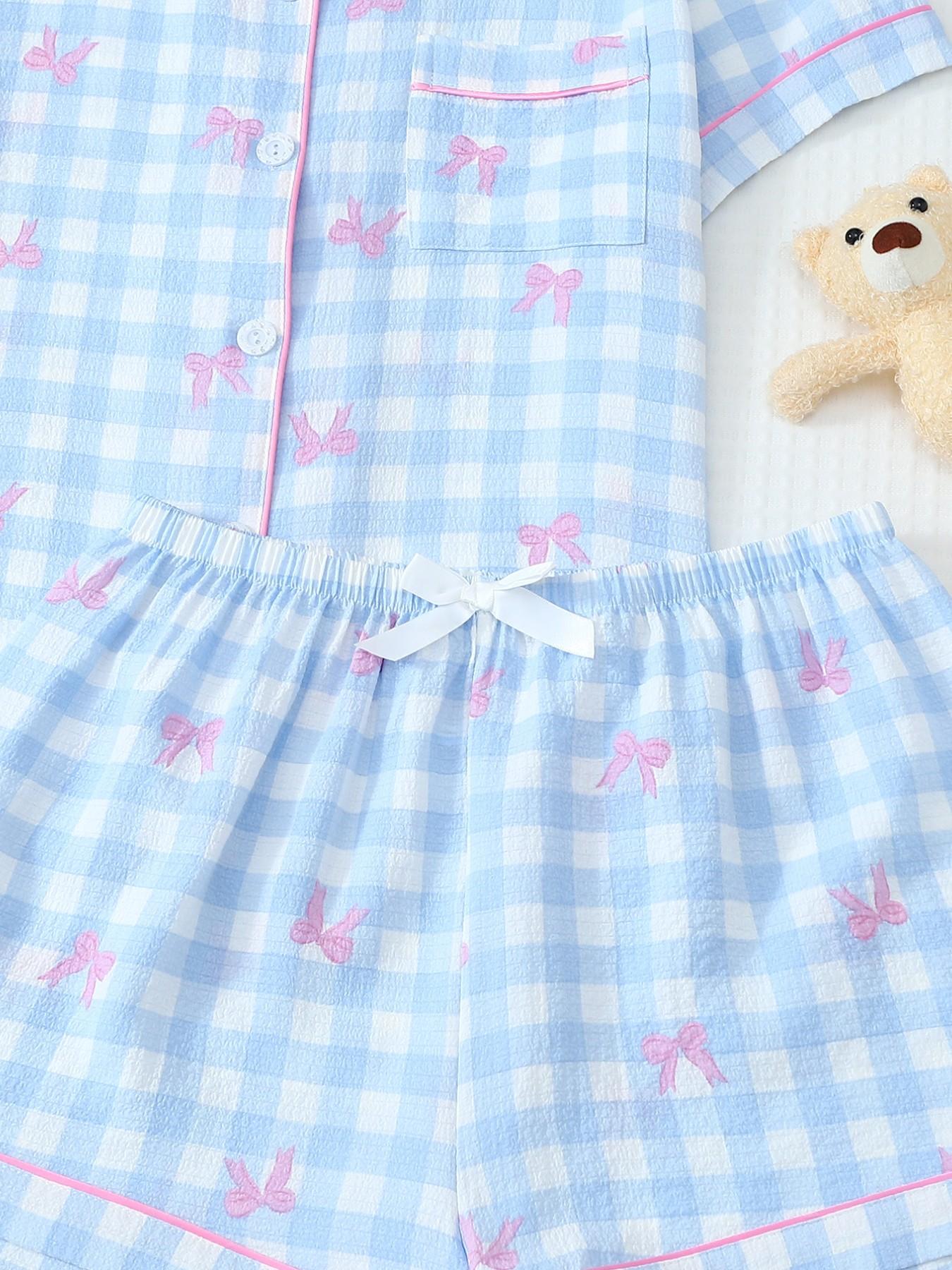 Women's Short Sleeve Button Down Top and Shorts Pajama Set, Spring Summer Wear, Blue White Gingham With Pink Bow Print, Sweet Girl Style, Classic Lapel Collar With Contrast Pink Piping, Smooth Button Closure, Elastic Waist Shorts, Loose Fit, Comfortable F