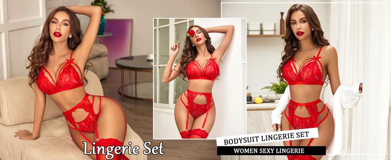 Avidlove Women's Lace Lingerie Set with Adjustable Spaghetti Straps & High Waisted Garter Belt - Elegant Sheer Lace Cups & Satin Bow Accents