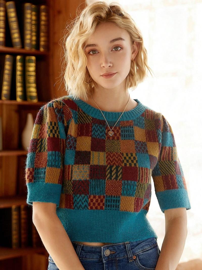 Women's Random Plaid Pattern Round Neck Sweater, Casual Half Sleeve Crew Neck Jumper for Fall & Winter, Fashion Ladies' Knitwear for Daily Wear