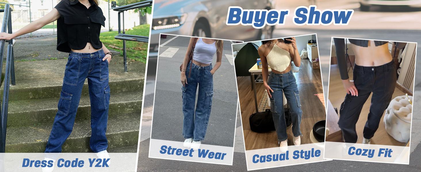 Y2K Women's Straight Leg Cargo Jeans Relaxed Fit Denim Pants, Multiple Lengths for Petite & Tall Women