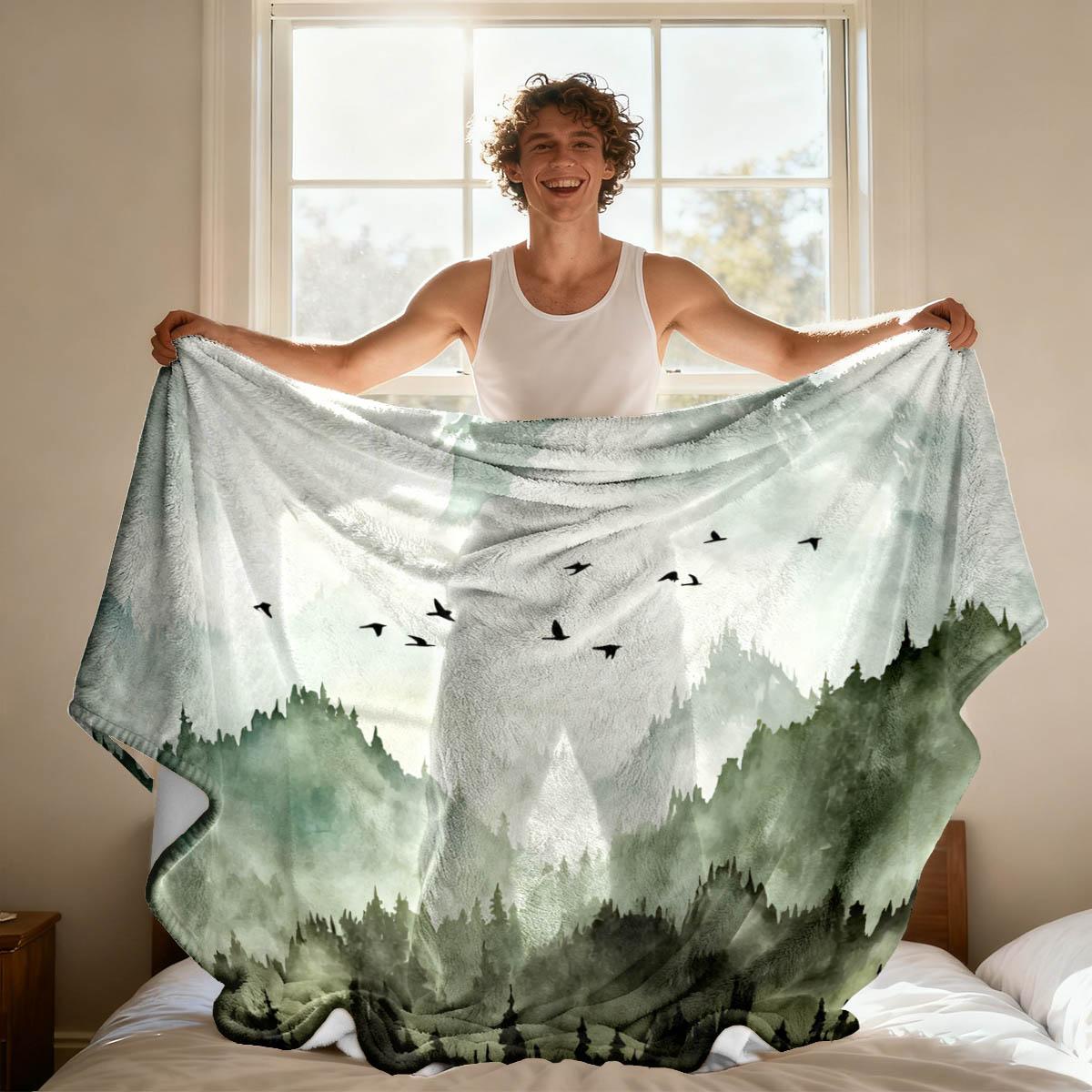 Landscape Bird Print Blanket, Simple Flannel Throw, Breathable All-Season, Sofa Bed Tail Bedroom Decor, Gift for Home Pets