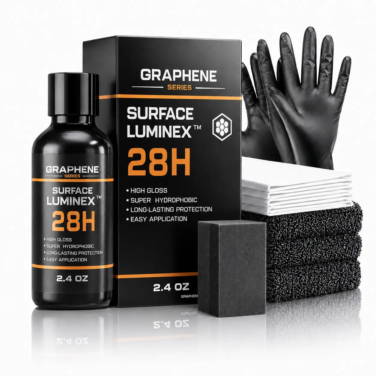GRAPHENE SERIES SURFACE LUMINEX™ 28H is an advanced automotive graphene paint coating designed to enhance gloss, water repellency, surface smoothness, and everyday paint protection.