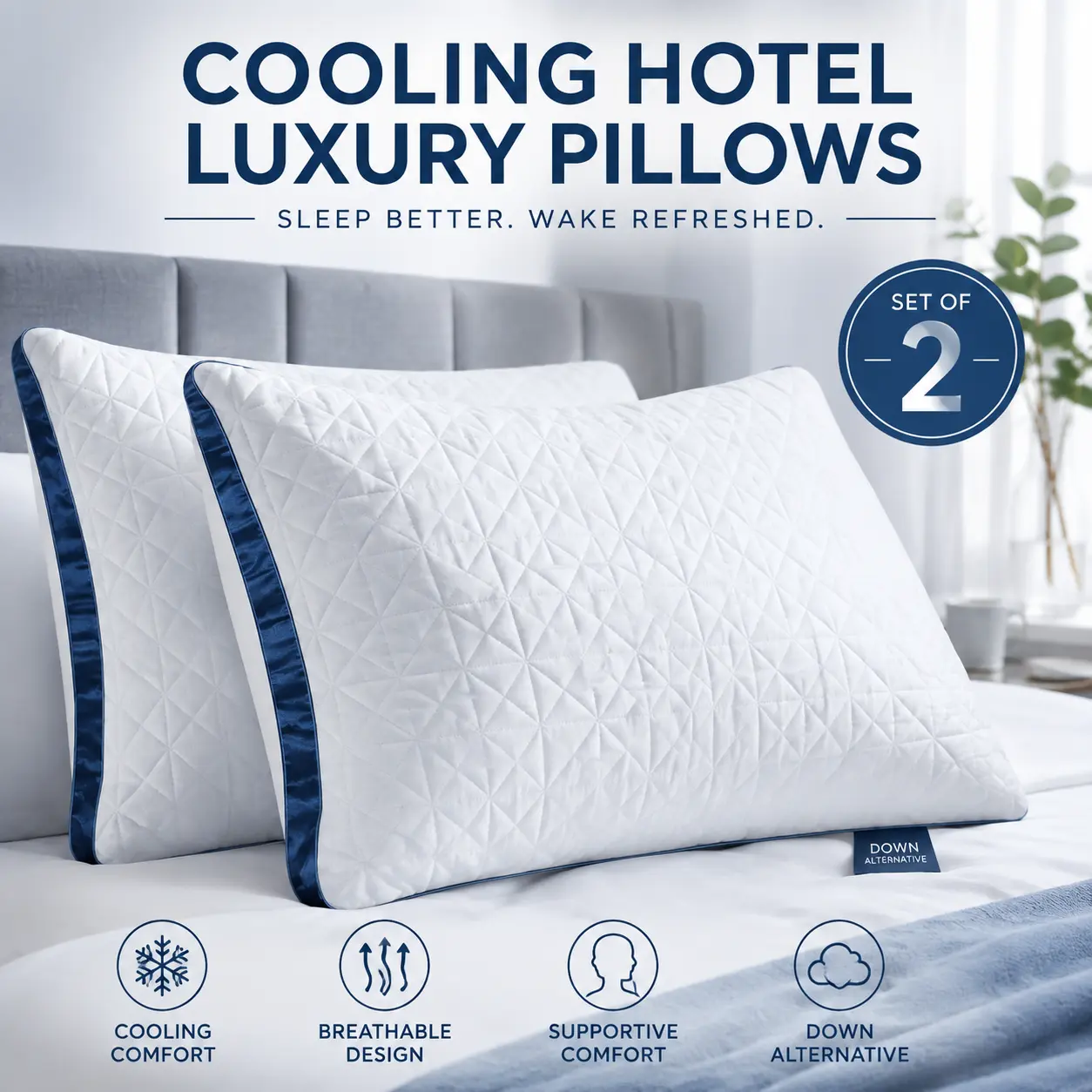 Queen Size Pillows Set of 2, Cooling Breathable Down Alternative Gusseted Bed Pillows, Supportive Hotel-Style Sleep Pillows for Side, Stomach, and Back Sleepers, Bedroom Bedding