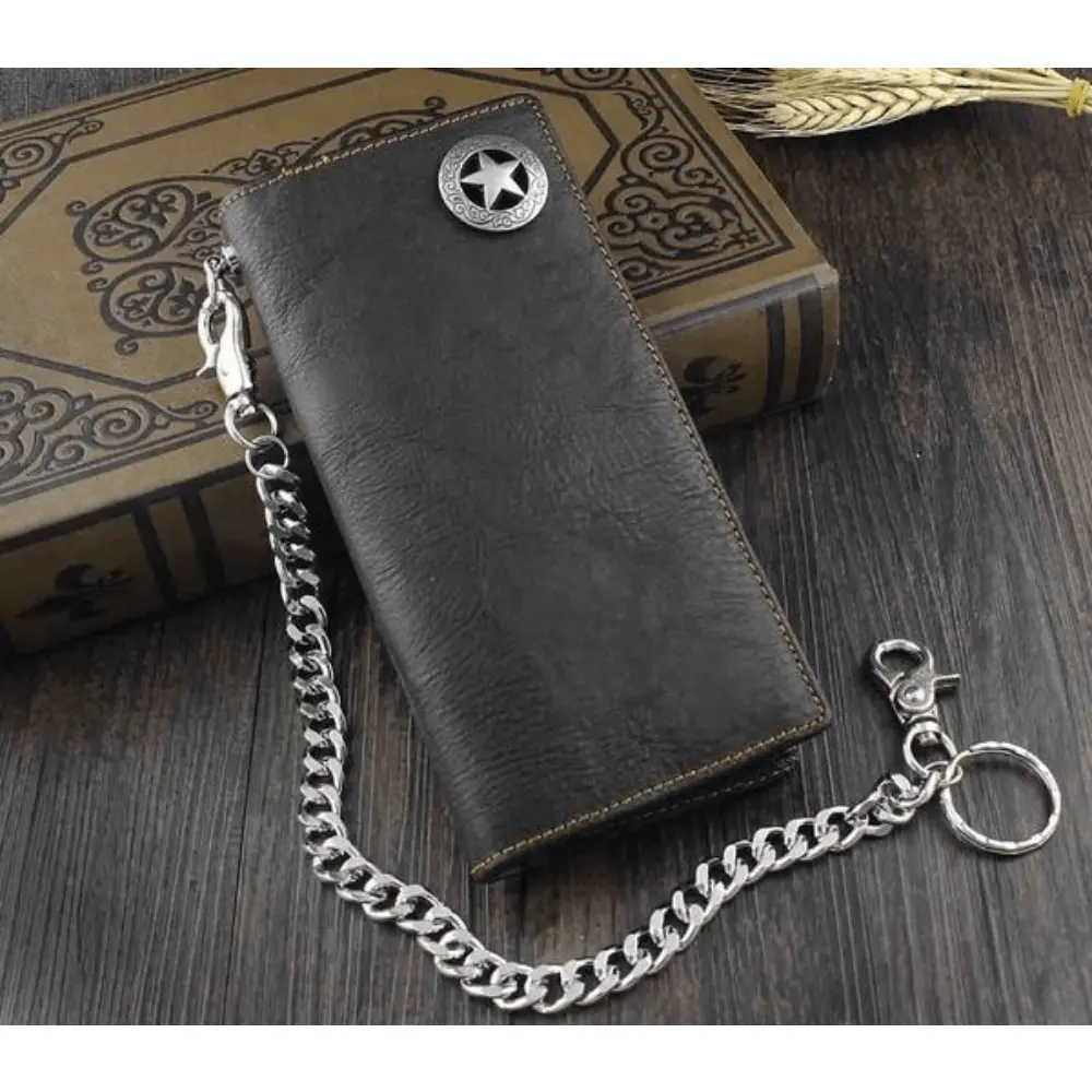 Men's Genuine Leather Vintage Biker Short Wallet, Western Star Concho Studded, RFID Protection, Casual Wear, Plant Motifs