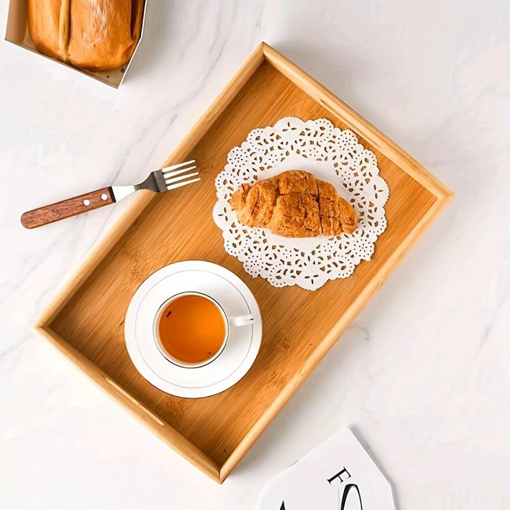 1pc Bamboo Wooden Serving Tray - Large Rectangular Bamboo Dish with Rounded Edges & Sturdy Sides, Dining Table, Parties, Holidays - Multi-Purpose Appetizer, Dessert, Beverage Tray (Bamboo Wood)