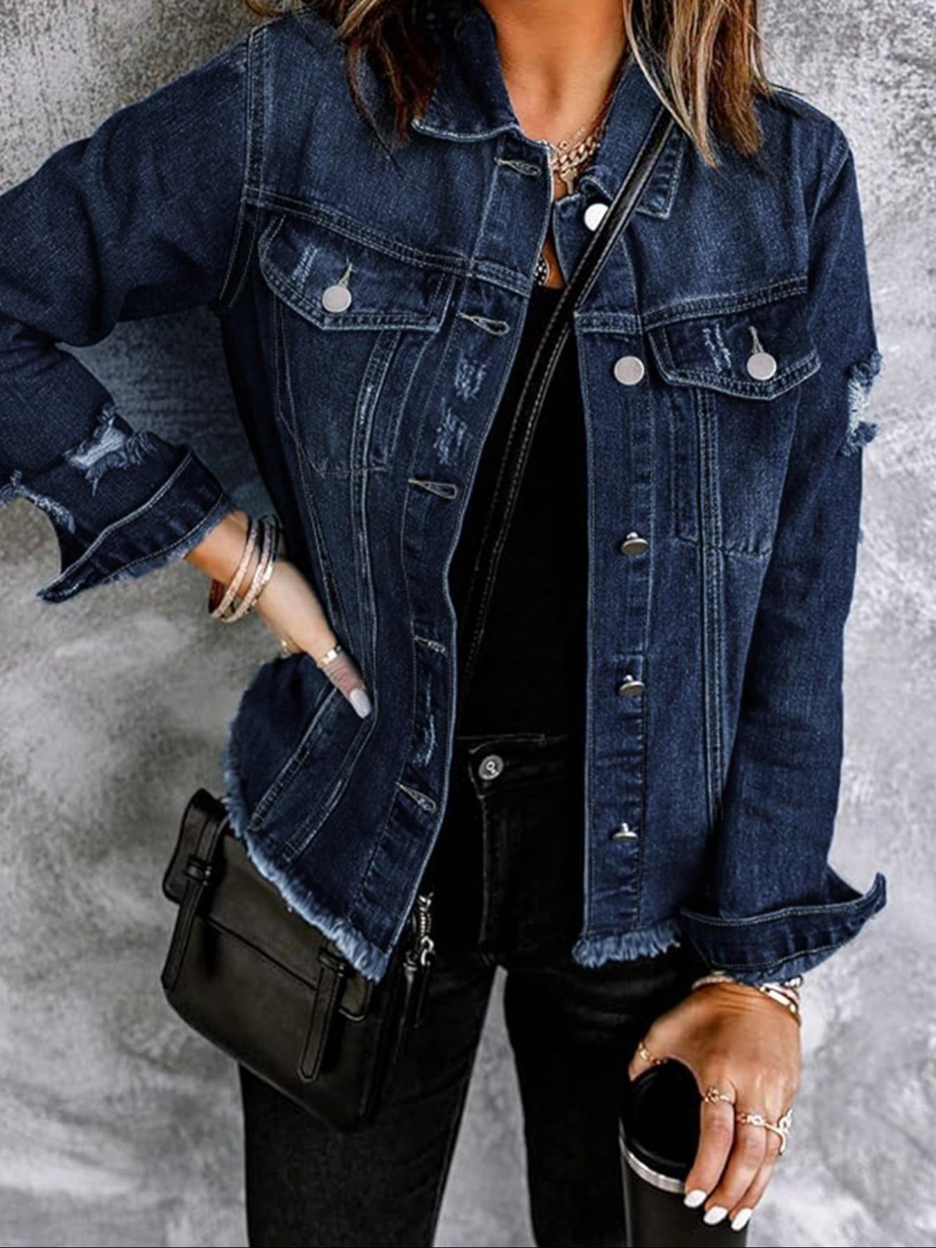 Women's Fall Winter Washed Denim Jacket Coat, Vintage Ripped Long Sleeve Jacket, Casual Autumn Winter Outerwear
