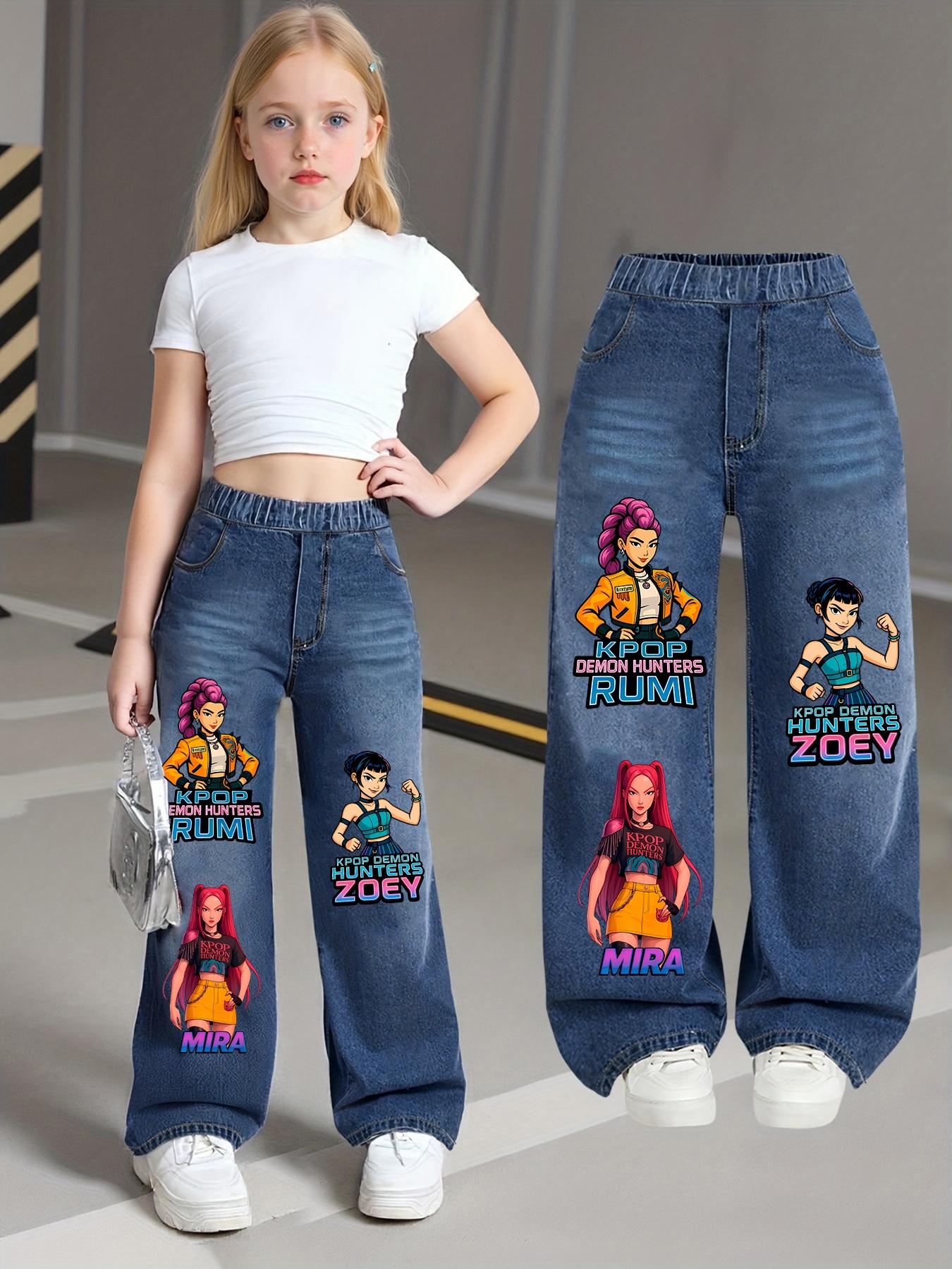 ‘Hunters Girl’ Printed Denim Jeans for Girls, Cute Portrait Graphic Jeans, Trendy Streetwear for Ages 8-12, Perfect for Young Fashionistas