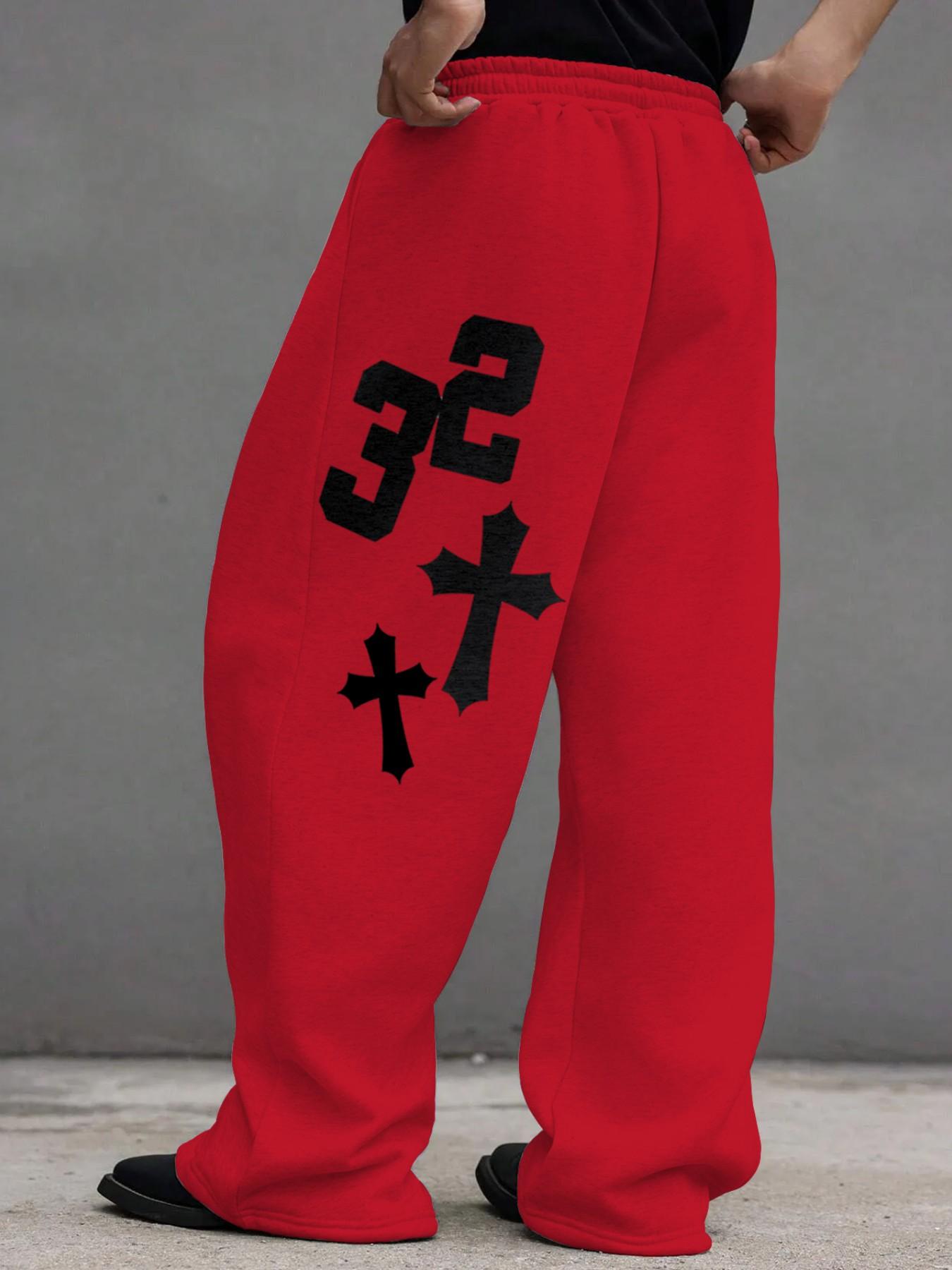 Men's Waist Drawstring Straight Leg Pants, Creative Number Cross Print, Comfortable Casual Daily Wear, Fall Winter Men's Pants