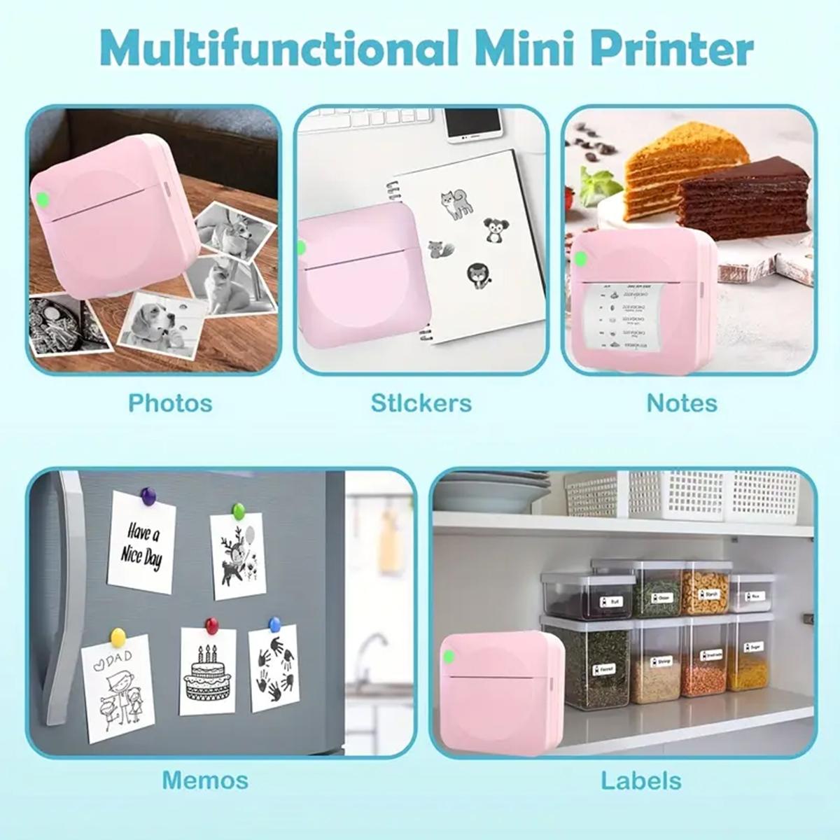 Portable Mini Printer, Thermal Inkless Sticker Maker, Inkless Label Printer with 5 Rolls of Color Stickers, Suitable For Photos, Diaries, Notes, And Memos, Compatible with iOS & Android, Portable Thermal Printers