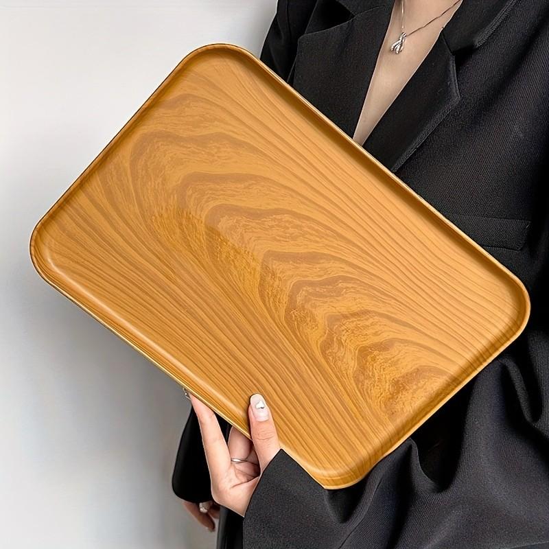 Wood Grain Plastic Tray, Rectangular Multi-Purpose Tray with Oak Design, Lightweight Durable Aesthetic Kitchen Countertop Decor, Home Hotel Cafe Art Decoration