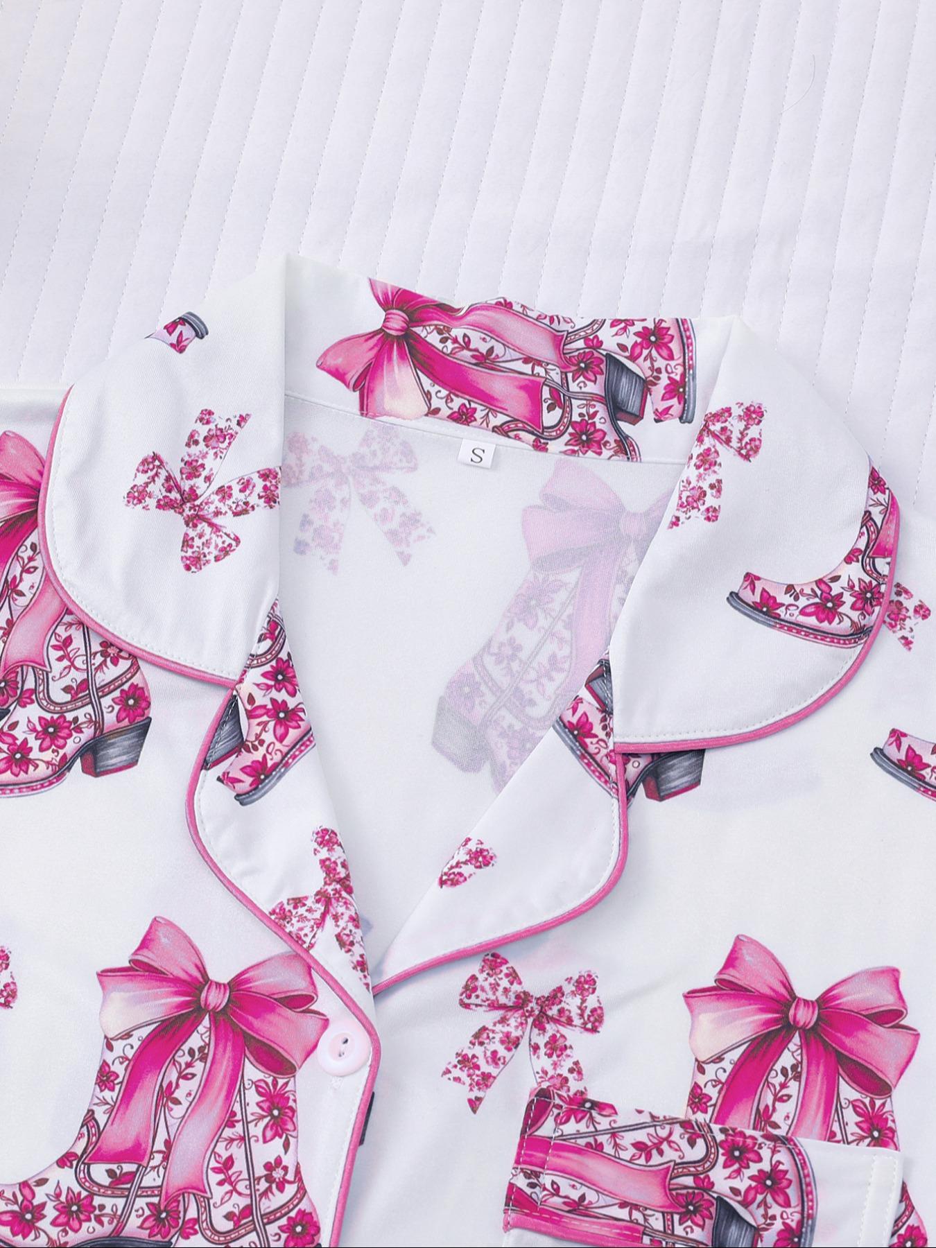 Women's All Over Print Button Front Shirt & Elastic Waist Shorts Pyjama Two-piece Set, Casual Comfy Short Sleeve Top & Shorts PJ Set, Ladies Sleepwear for All Seasons, Cute Pajama Sets
