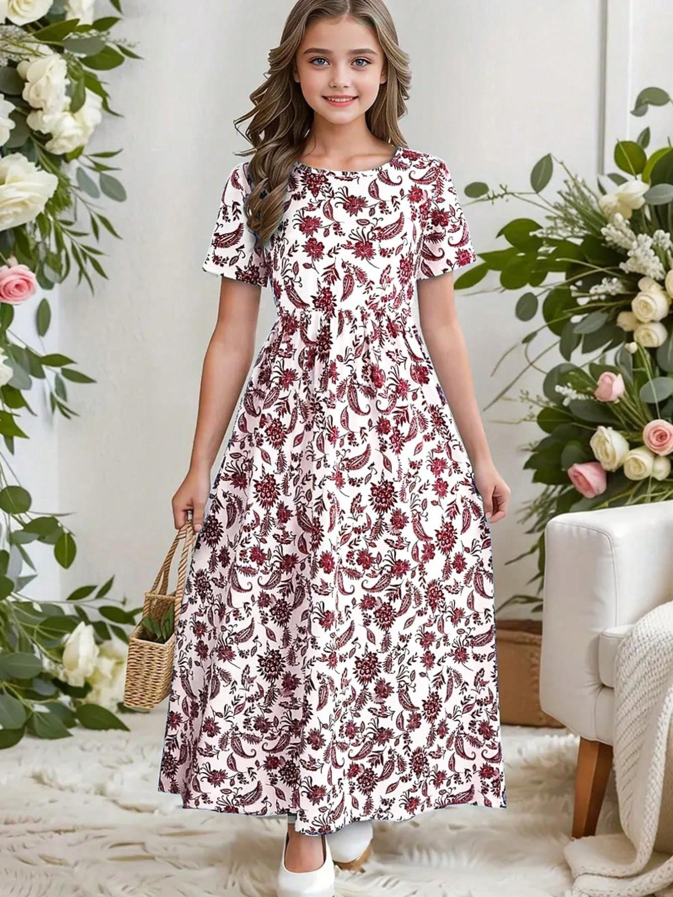 Boho Bohemian Style Paisley Full Print Short Sleeve Midi Dress, Girls' Holiday Casual Dress, Summer Gift, Fitted Leaf Pattern Dress