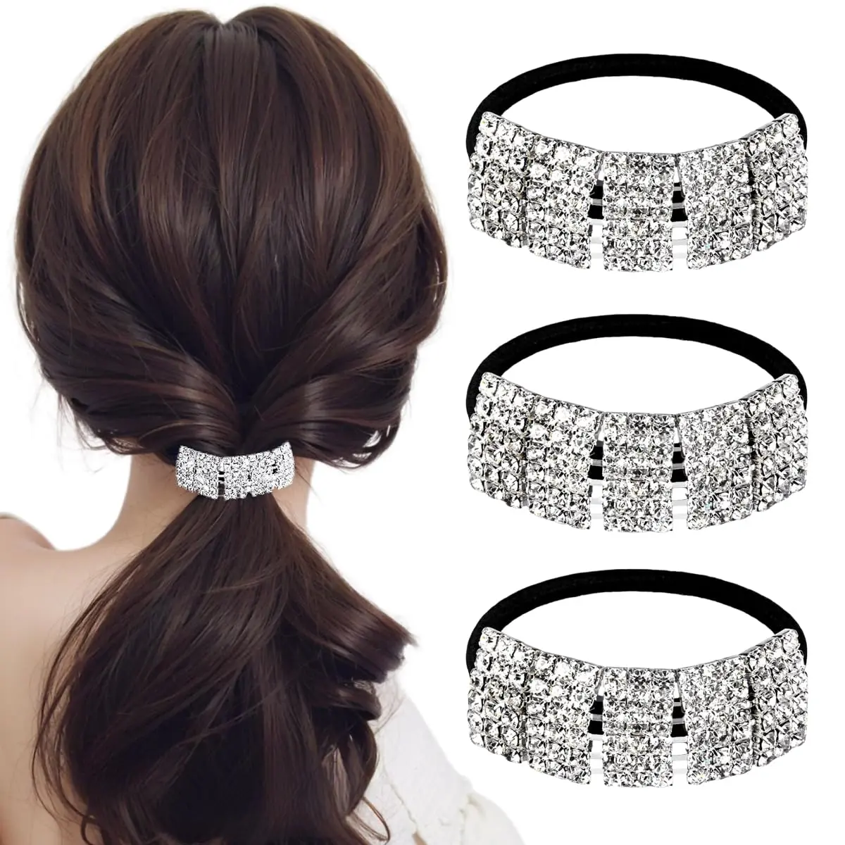 3 count Fashion Elastic Scrunchies Rhinestone Hair Ties Ponytail Holder Headband Hair Accessories for Women Girls Hair Bands