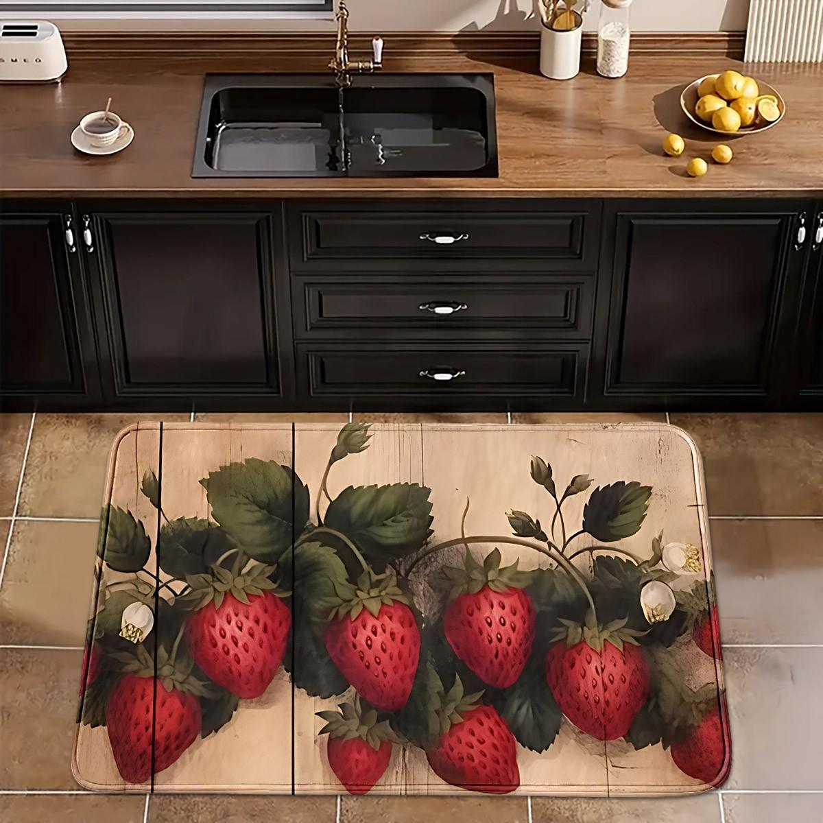 Luxury Wood Style Strawberry Rug, Durable Kitchen Mat, Entry Door Mat, Multi-Sized Welcome Gift, Summer Decor Floor Mat