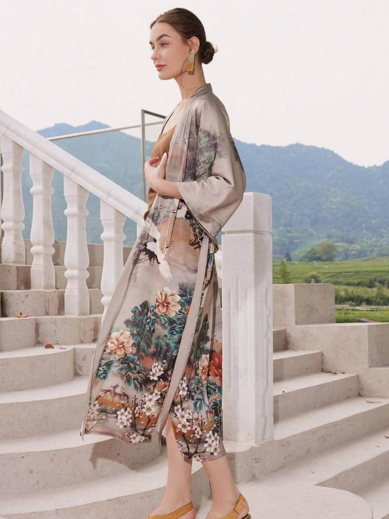Boho Ethnic Style Crane Floral Print Long Sleeve Kimono Cardigan, Women's Elegant Casual Beach Cover-Up Jacket, Thin Windbreaker Robe Dress