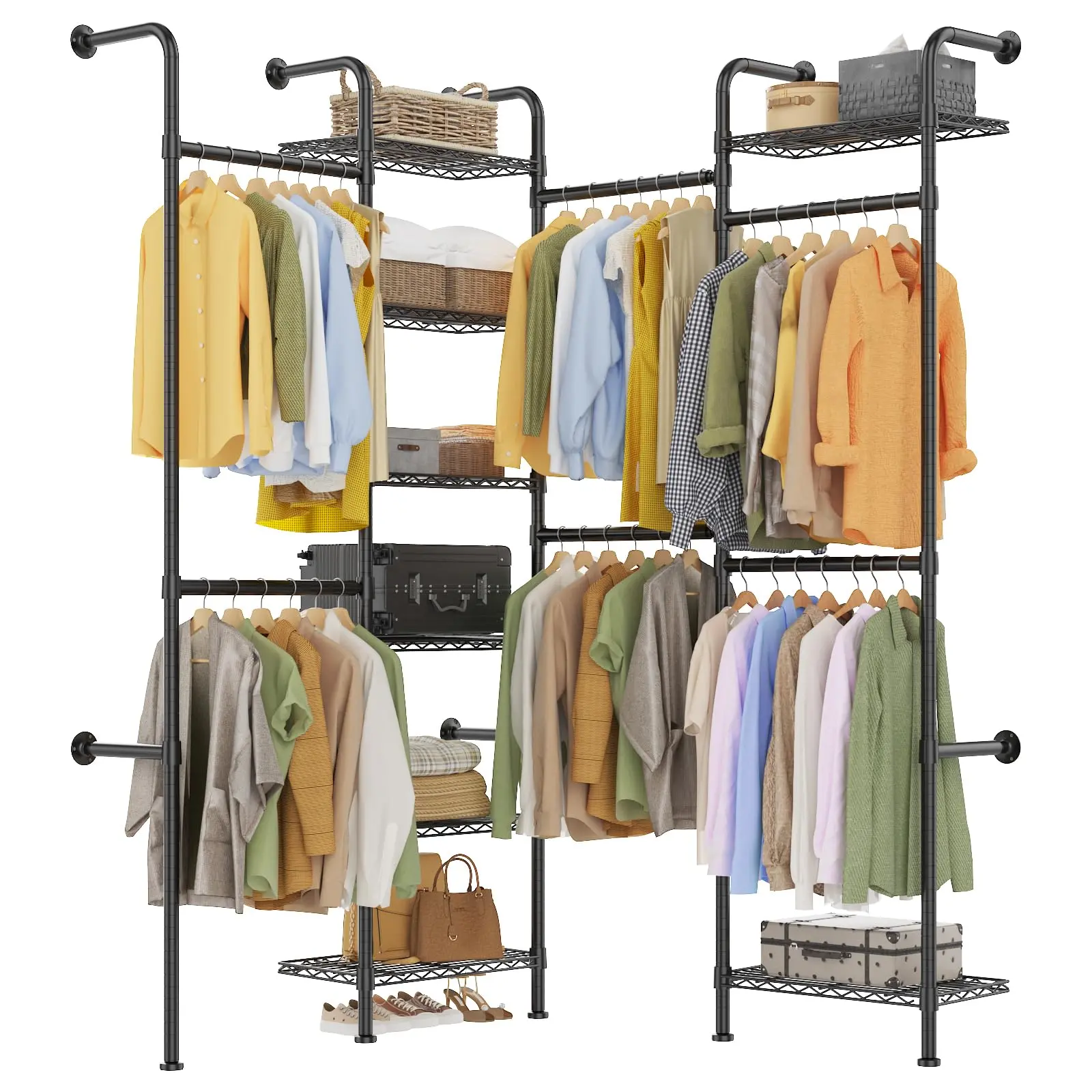 Matte Black Wall Mounted Heavy Duty Closet Storage Organizer, 8-Tier Modular Wire Shelving System with Expandable Carbon Steel Hanging Rods Adjustable from 23.62 to 35.43 Inches, Expandable Commercial-Grade Closet Rack for Wardrobe & Utility Storage