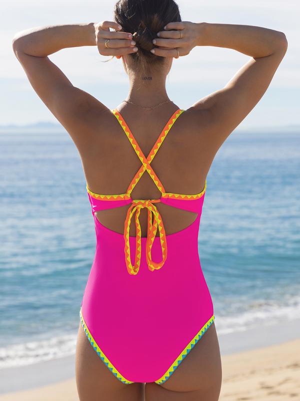 Popvil Shell Trim Front Strappy Neon One Piece with Back Tie Swimsuit Tummy Control Modest Neon Swimsuit for Women