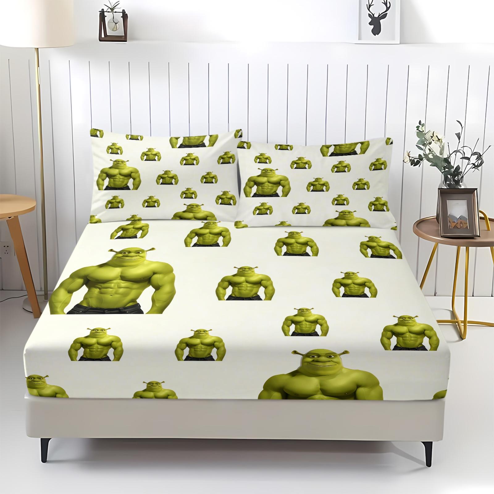 3 Piece Shrek Pattern Fitted Sheet Set, Soft And Durable Bedding Set, Including 1 Piece Flat Sheet And 2 Pieces Pillowcases, Suitable For Children And Adults Daily Holiday Birthday Gifts Bedroom Decorations
