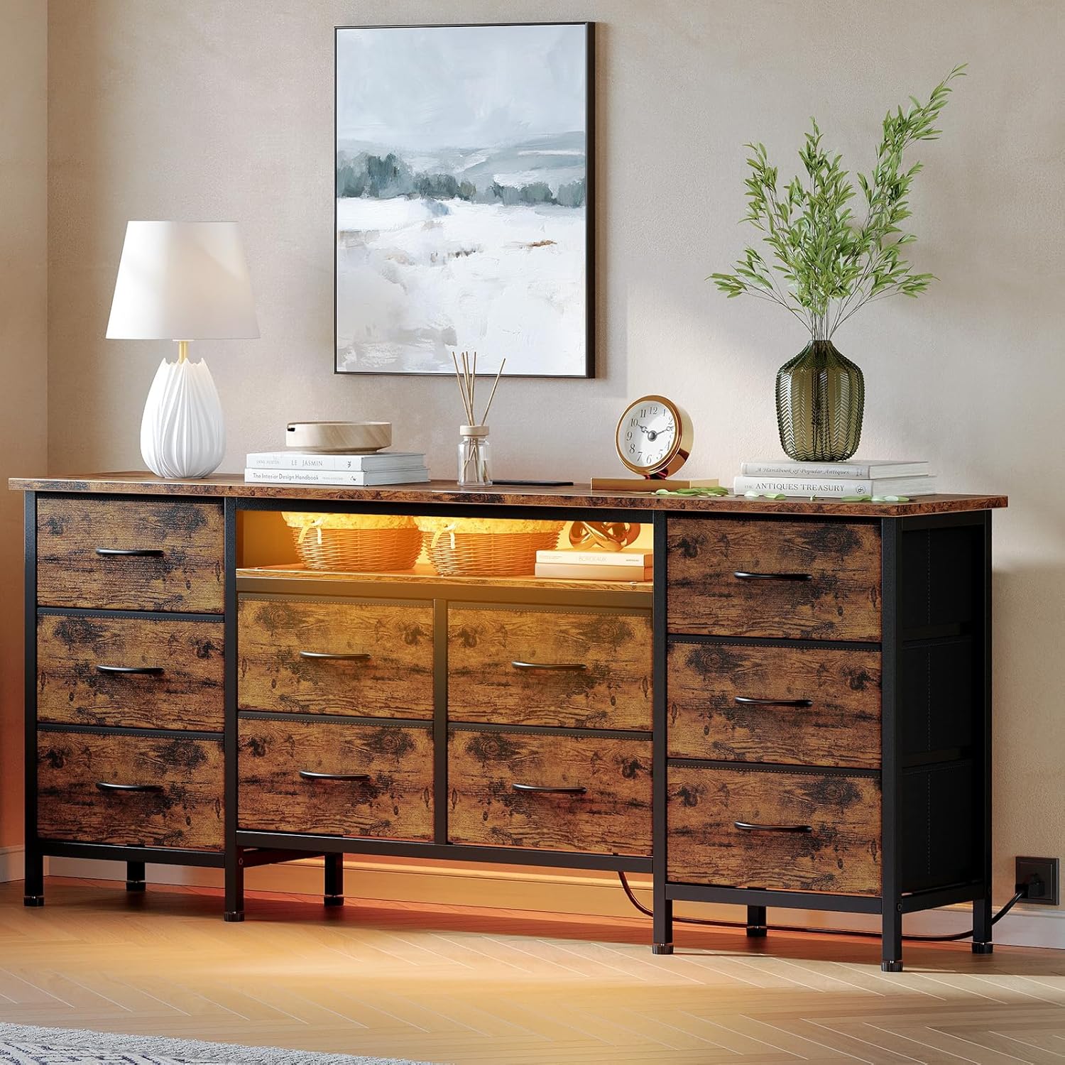 TV Stand for 65, 70, 75 Inch TV, 10 Drawer Long Dresser , 63 Inch Entertainment Center TV Stand Dresser Storage Drawers