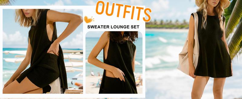 Naeduo Women's Summer Knit Set | Coastal Grandma Beach 2-Piece Outfit | Sleeveless Pullover Top Quick-Dry Shorts | Vacation Matching Sets & Y2K Surf Style Soft Womenswear | Breathable Crew Neck Pajama Clothes Suits Fabric Gamis Basic Black