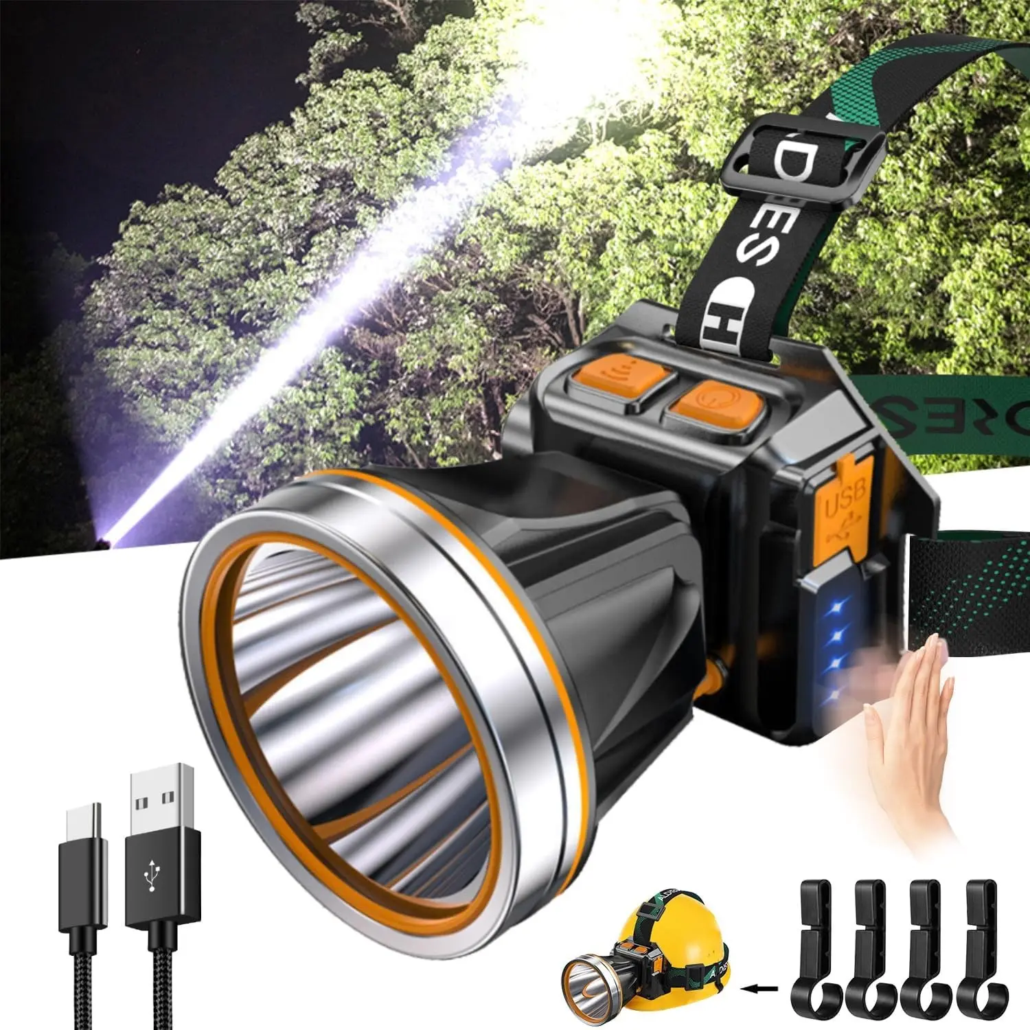 Super Bright High Power LED Headlamp with Motion Sensor Waterproof Rechargeable Spotlight for Outdoor Hunting Fishing Camping HikingGift