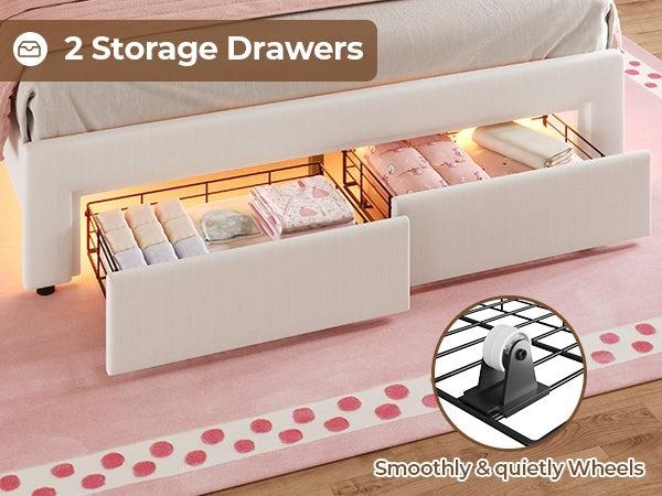 Sikaic Full Size Velvet Princess Platform RGB LED Bed with Storage Drawers and Adjustable Crystal Button Headboard Creamy Furniture Luxury Design Cute