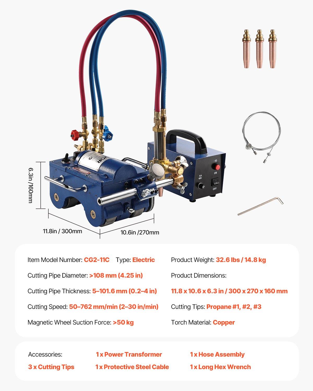 VEVOR 110V CG2-11C Electromagnetic Pipe Cutter, 2"-30"/Min Automatic Beveler for 0.2"-4" (5–101.6 mm/300x270x160 mm) Tubes, 3 Tips, 10-Speed Adjustment, Adjustable Angles, Copper Torches, 11.8x10.6x6.3 in, 14.8 kg, Pipe Cutters, Torch Burner, 300 X 270 X