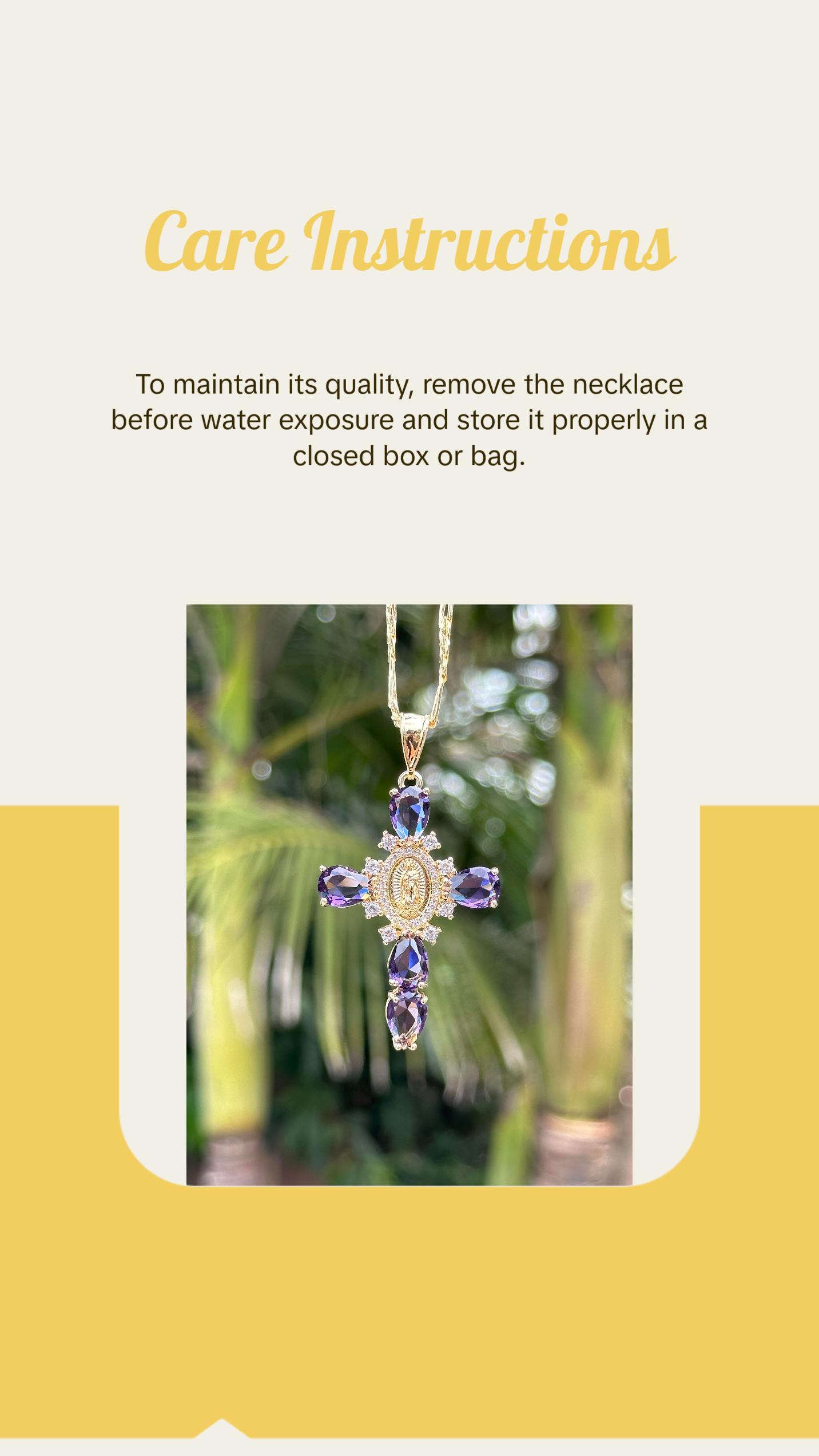 Our Lady of Guadalupe Cross Pendant NecklaceTeardrop Crystal Religious Jewelry. A golden cross adorned with a delicate image of the Virgin Mary, surrounded by sparkling teardrop-shaped crystals, available in purple/pink/transparent colors
