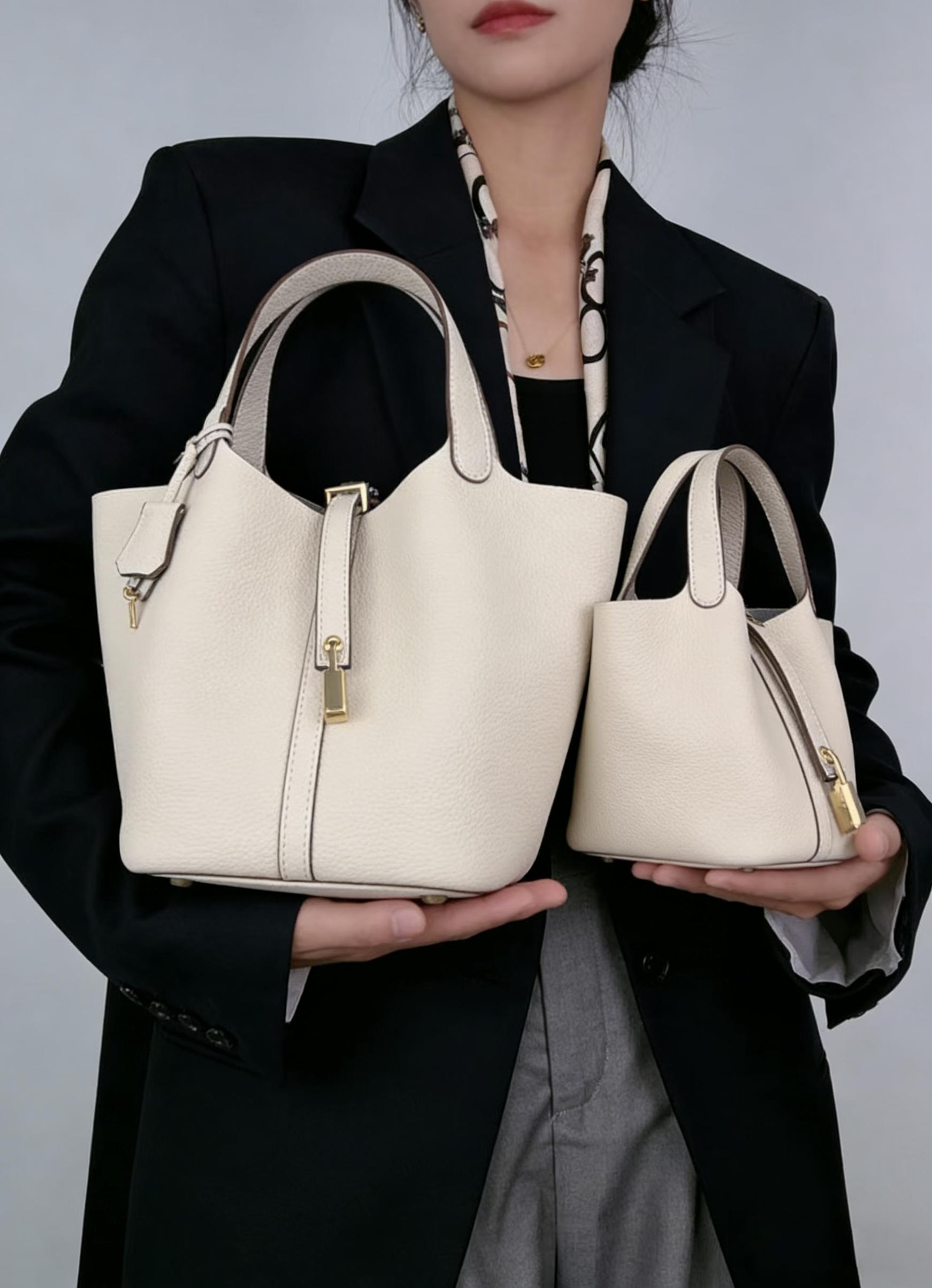 Women's Fashion Solid Color Casual Versatile Genuine Leather Handbag, Fashionable Bucket Bag, Stylish and Practical Accessory for Everyday Use, Perfect for Any Occasion