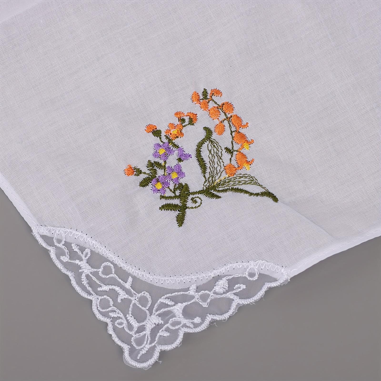 Packs of 10, 20, or 30: Women's Floral Handkerchiefs with Vintage Embroidery and Lace Pure white with an embroidered floral pattern