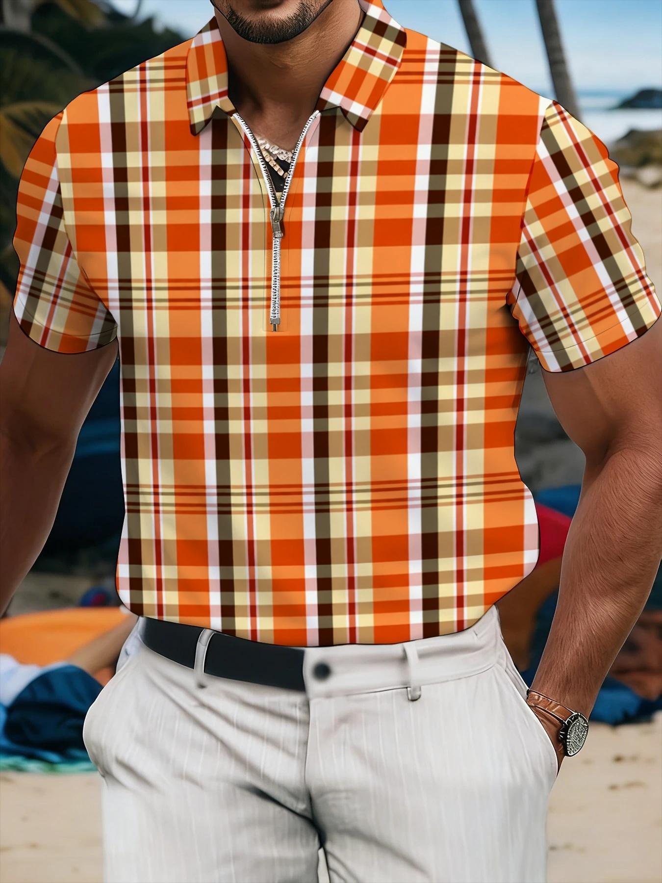 Orange Plaid Short Sleeve Polo Shirt, Men's Casual Business Top, Summer Breathable Fashion