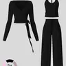 【Black Friday】Women's Everyday 3-Piece Co-Ord Athleisure Set with Long-Sleeve Wrap Top, Backless Tank Top, and High-Waist Wide-Leg Drawstring Pants, Comfortable Casual Workout and Gym Activewear