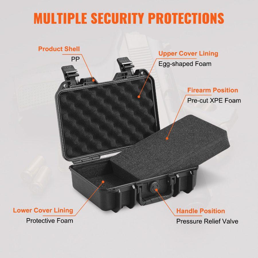 VEVOR Hard Pistol Cases with Pre-cut PU Foam, Waterproof Dustproof Hard Gun Case for 1 Pistol, 12.59×9.01×4.4 in Lockable Pistol Case, Black