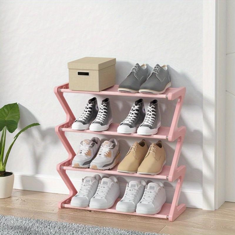 4 Layer Independent Z-Shaped Stackable Shoe Rack Organizer, Metal Frame & Plastic Shelves, No Tool Assembly, Space-Saving Floor Storage Cabinet, Shoe Rack Shelf, Shoe Organization Rack