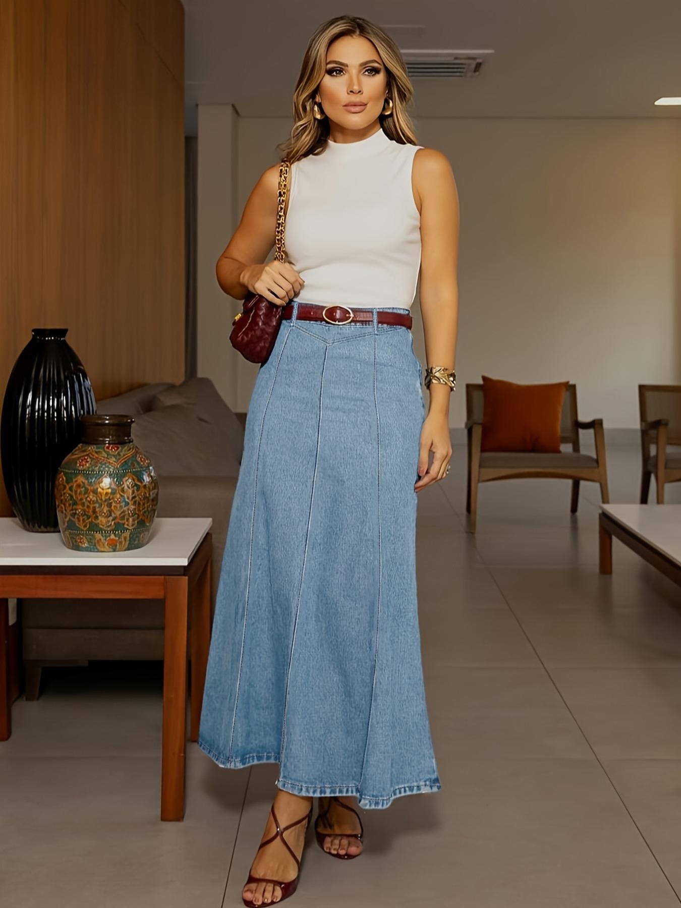 Elastic Washed Casual Denim Midi Skirt for Women, All-Season Wearable A-Line Flared Design, Perfect for Daily & Dates, Bottom