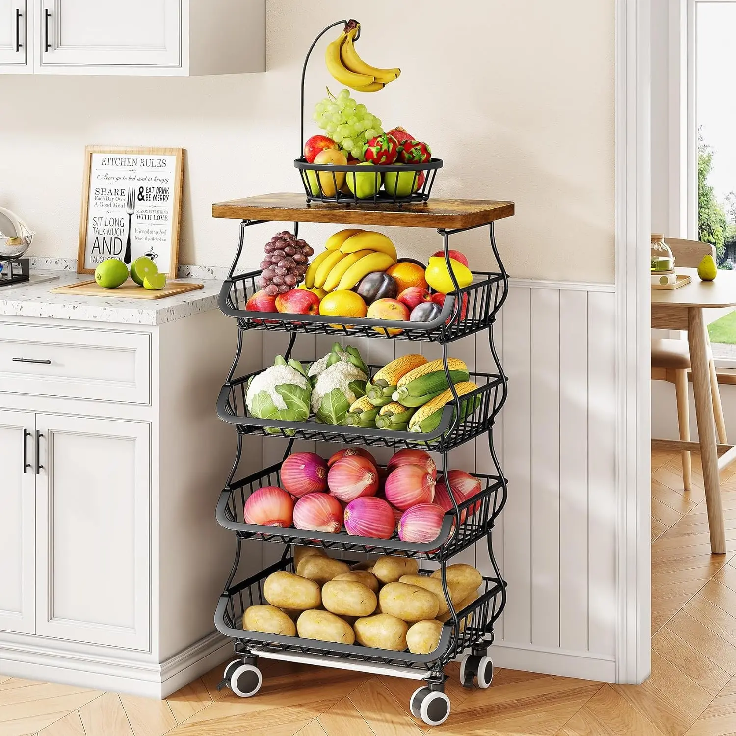 Fruit Basket Kitchen Pantry Organizers and Storage - Wooden Top Table, Stackable Metal Wire Basket Stand Cart for Fruit Vegetable Snacks Onion Potato Organization (Black, 5 Tiers)