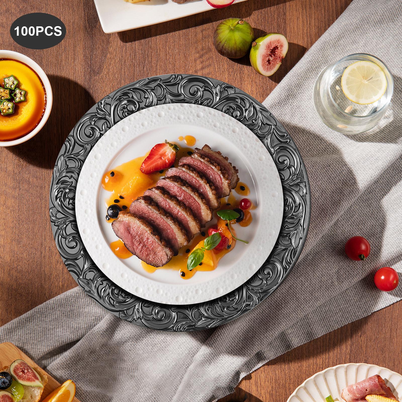 100 Pcs Gold/Sliver/Green/Black Charger Plates Set 13 Inch Round Plastic Serving Trays Reusable for Wedding Banquet Party Decorations