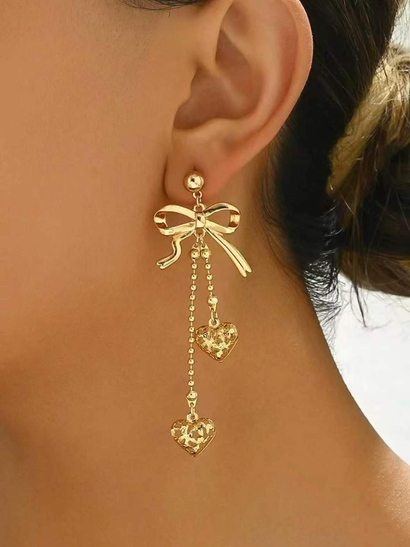 Elegant Bow Earrings, Hollow Metal Heart Pendant, Star Moon Design, Classic Women's Jewelry, Perfect for All Seasons