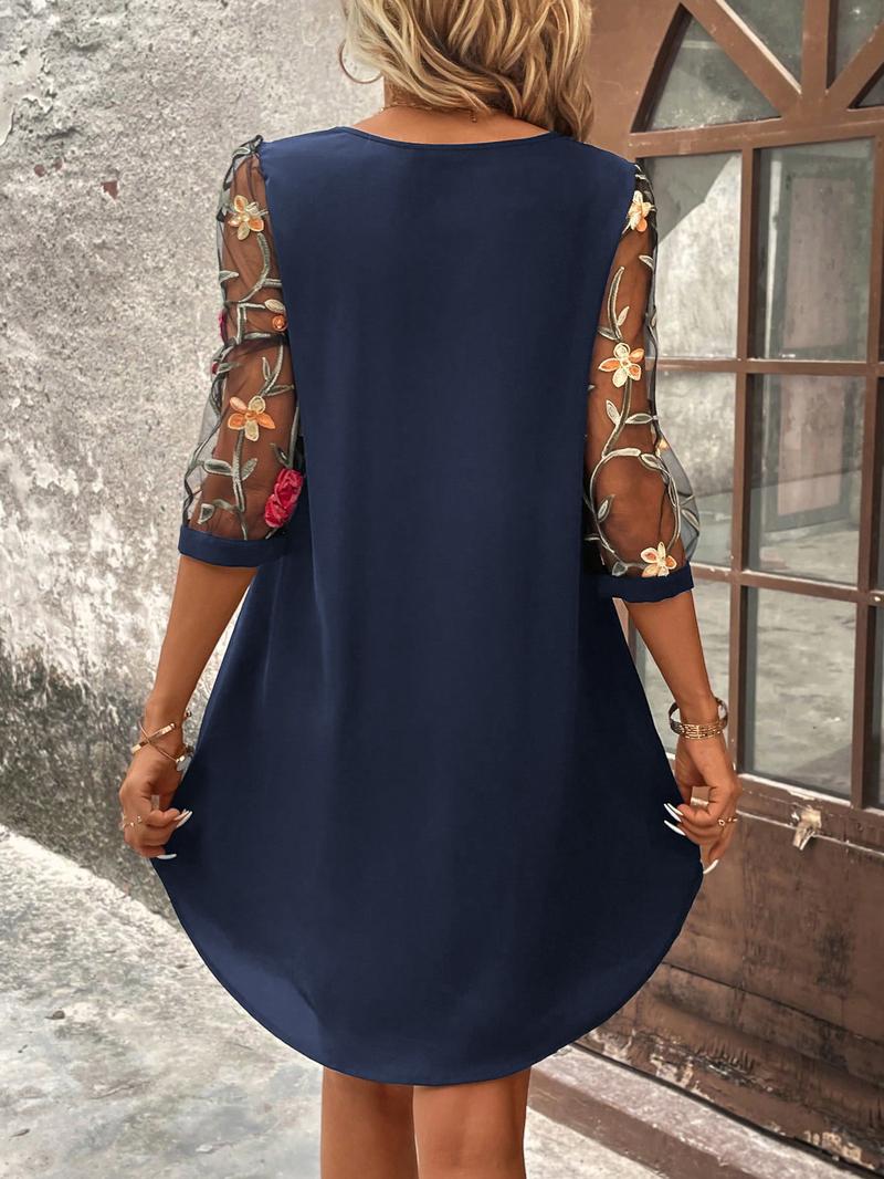 Women's Casual Elegant Floral Embroidered Half Sleeve Hollow Out Neck Dress, Perfect for Spring Summer, Stylish and Comfortable